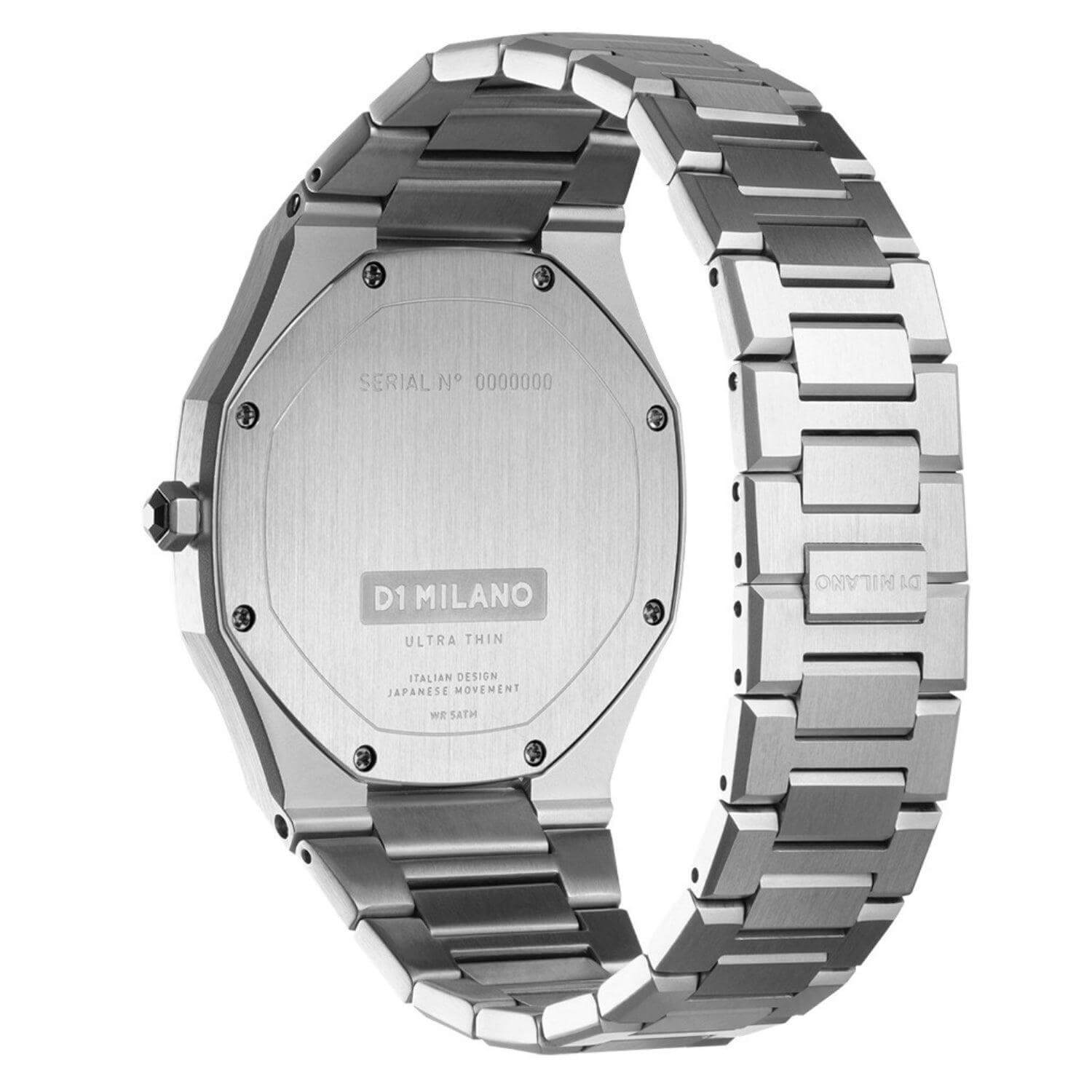 Ρολόι D1 Milano Ultra Thin D1-UTBJ09 Geo με ασημί ατσάλινο μπρασελέ, μπλε καντράν και οκτάγωνο στεφάνι με διάμετρο στα 40mm αδιάβροχο στις 5ΑΤΜ-50Μ.