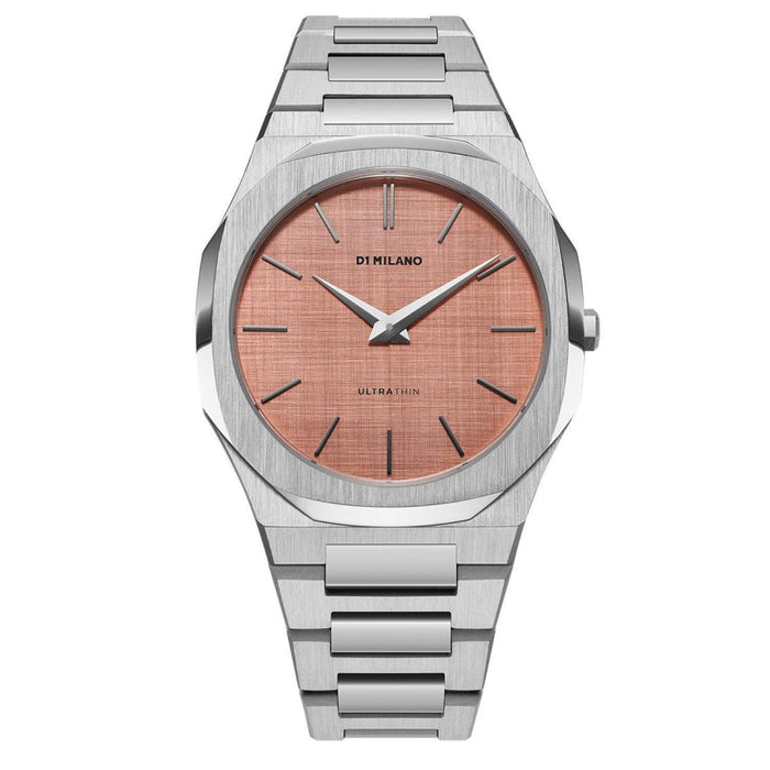 Ρολόι D1 Milano Salmon Ultra Thin D1-UTBJ26 με ασημί ατσάλινο μπρασελέ, σκούρο ροζ καντράν και οκτάγωνο στεφάνι με διάμετρο στα 40mm αδιάβροχο στις 5ΑΤΜ-50Μ.