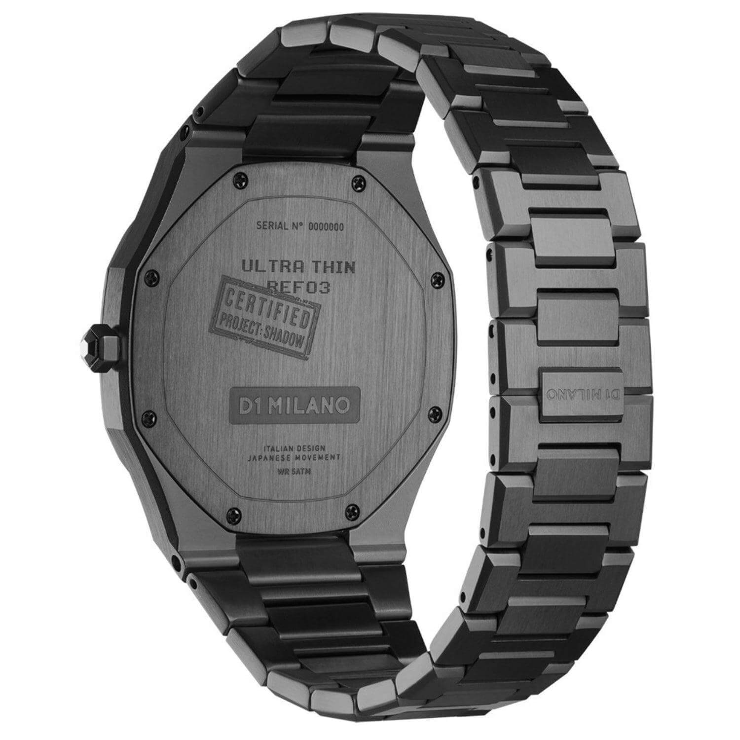 Ρολόι D1 Milano Shadow Ultra Thin D1-UTBJSH με μαύρο ατσάλινο μπρασελέ, μαύρο καντράν και οκτάγωνο στεφάνι με διάμετρο στα 40 mm αδιάβροχο στις 5ΑΤΜ-50Μ.