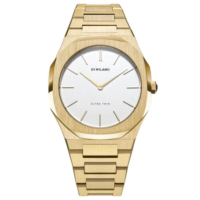 Ρολόι D1 Milano Ultra Thin  D1-UTBL03 Gold Eggshell με χρυσό ατσάλινο μπρασελέ, λευκό καντράν και οκτάγωνο στεφάνι με διάμετρο στα 38mm αδιάβροχο στις 5ΑΤΜ-50Μ.