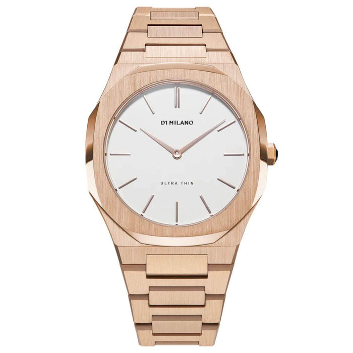 Ρολόι D1 Milano Ultra Thin D1-UTBL02 Eggshell με ροζ χρυσό ατσάλινο μπρασελέ, λευκό καντράν και οκτάγωνο στεφάνι με διάμετρο στα 38mm αδιάβροχο στις 5ΑΤΜ-50Μ.