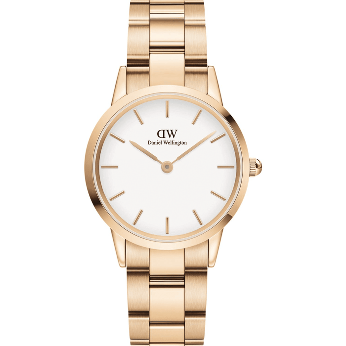 Ρολόι Daniel Wellington Iconic Link DW00100211 με ροζ χρυσό μπρασελέ, άσπρο καντραν, μηχανισμό μπαταρίας και στρογγυλό στεφάνι διαμέτρου 32mm αδιάβροχο στις 3ΑΤΜ-30Μ.