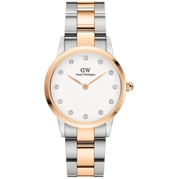 Ρολόι Daniel Wellington Iconic Link Lumine DW00100358 με δίχρωμο  μπρασελέ σε ροζ χρυσό-ασημί χρώμα, άσπρο καντραν με ζιργκόν, μηχανισμό μπαταρίας και στρογγυλό στεφάνι διαμέτρου 32mm αδιάβροχο στις 3ΑΤΜ-30Μ.
