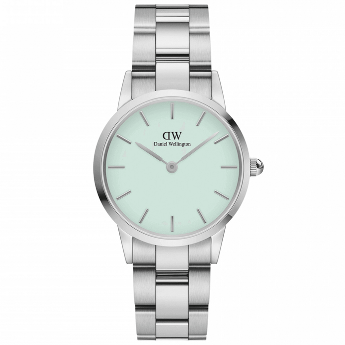 Ρολόι Daniel Wellington Iconic Link Link Mint DW00100538 με ασημί ατσάλινο μπρασελέ, πράσινο μέντας καντραν, μηχανισμό μπαταρίας και στρογγυλό στεφάνι διαμέτρου 32mm αδιάβροχο στις 3ΑΤΜ-30Μ.