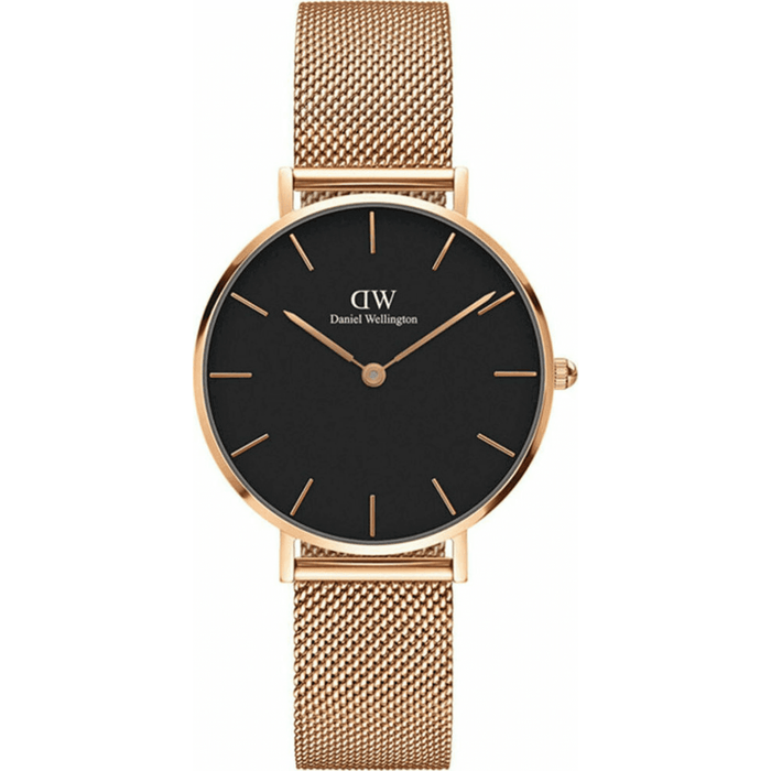 Ρολόι Daniel Wellington Petite B Melrose DW00100161 με ροζ χρυσό μπρασελέ ψάθα, μαύρο καντραν, μηχανισμό μπαταρίας και στρογγυλό στεφάνι διαμέτρου 32mm αδιάβροχο στις 3ΑΤΜ-30Μ.