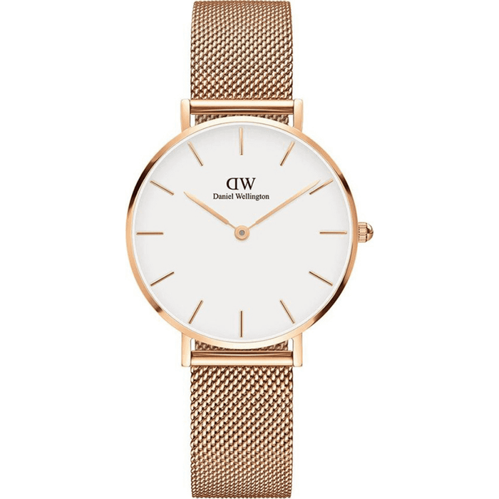 Ρολόι Daniel Wellington Petite Melrose DW00100163 με ροζ χρυσό μπρασελέ ψάθα, άσπρο καντραν, μηχανισμό μπαταρίας και στρογγυλό στεφάνι διαμέτρου 32mm αδιάβροχο στις 3ΑΤΜ-30Μ.