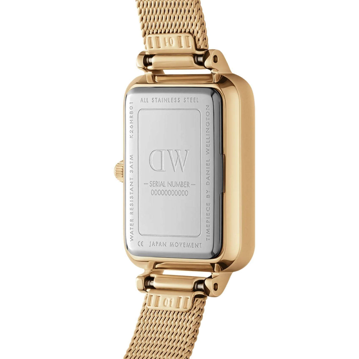 Ρολόι Daniel Wellington Quadro Evergold DW00100556 με χρυσό ατσάλινο μπρασελέ, άσπρο καντραν, μηχανισμό μπαταρίας και τετράγωνο σχήμα διάβροχο στις 3ΑΤΜ-30Μ.