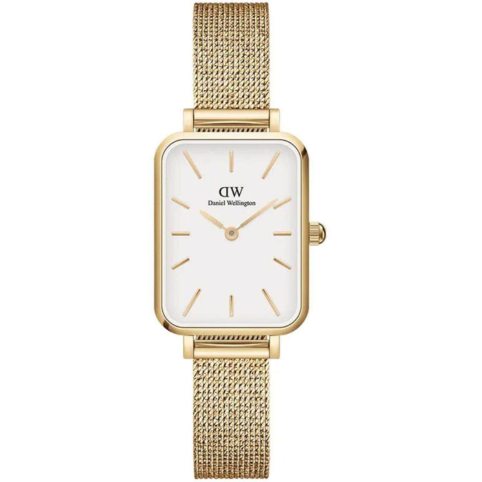 Ρολόι Daniel Wellington Quadro Evergold DW00100556 με χρυσό ατσάλινο μπρασελέ, άσπρο καντραν, μηχανισμό μπαταρίας και τετράγωνο σχήμα διάβροχο στις 3ΑΤΜ-30Μ.