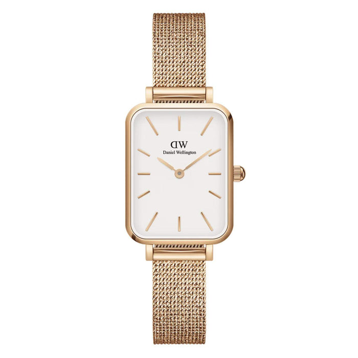 Ρολόι Daniel Wellington Quadro Melrose DW00100431 με ροζ χρυσό ατσάλινο μπρασελέ, άσπρο καντραν, μηχανισμό μπαταρίας και τετράγωνο σχήμα διάβροχο στις 3ΑΤΜ-30Μ.