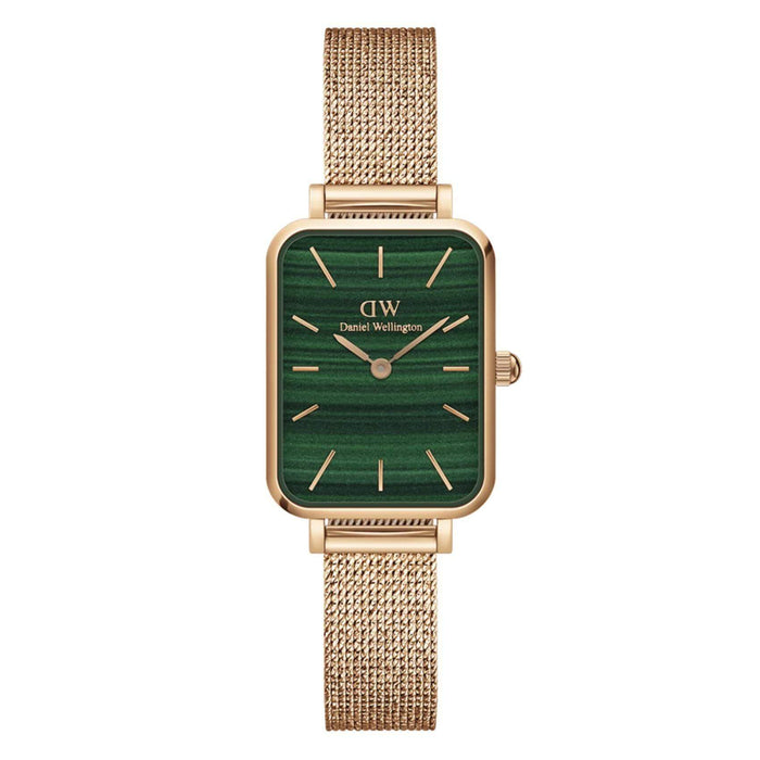 Ρολόι Daniel Wellington Quadro Melrose Green DW00100437 με ροζ χρυσό ατσάλινο μπρασελέ, πράσινο καντραν, μηχανισμό μπαταρίας και τετράγωνο σχήμα διάβροχο στις 3ΑΤΜ-30Μ.