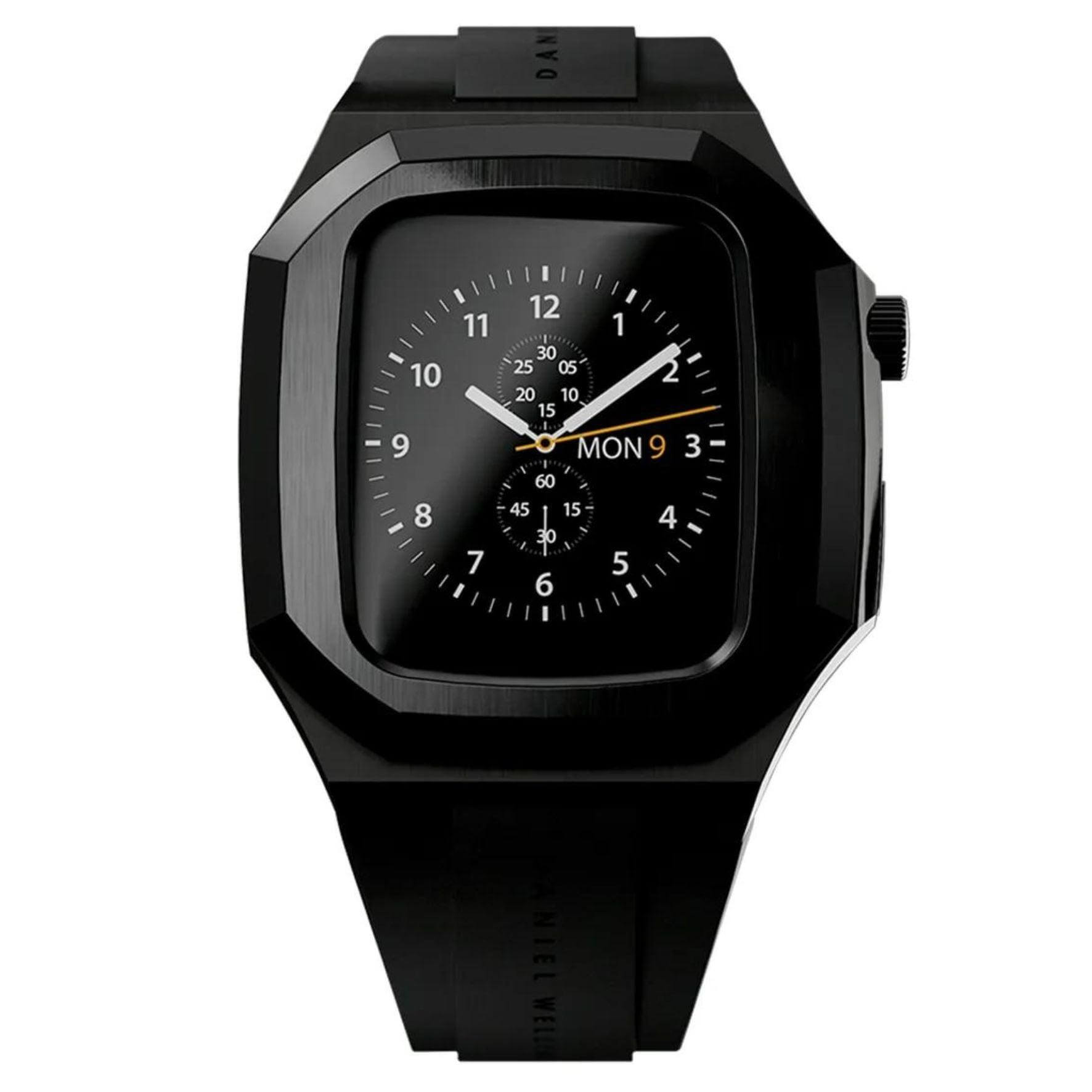 Θήκη smartwatch daniel wellington dw01200003 συμβατή με Apple Watch Series 6, 5, 4 και Apple Watch SE σε μαύρο χρώμα με με μαύρο καουτσούκ λουράκι και τετράγωνο σχήμα. 