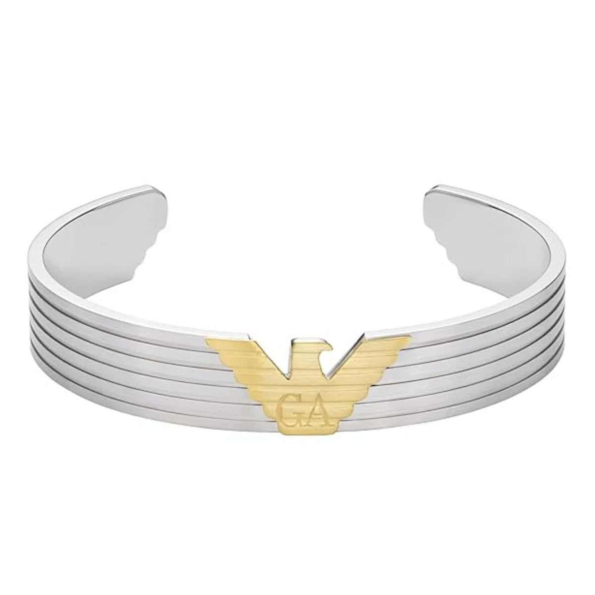 Ανδρικό βραχιόλι Emporio Armani EGS3074040 χειροπέδα ατσάλινο σε σε ασημί χρώμα και χρυσό λογότυπο.
