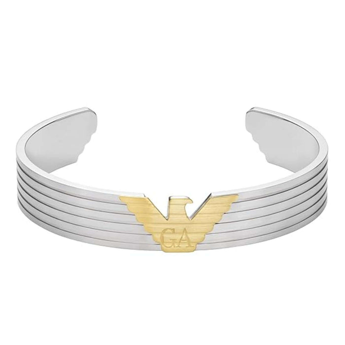 Ανδρικό βραχιόλι Emporio Armani EGS3074040 χειροπέδα ατσάλινο σε σε ασημί χρώμα και χρυσό λογότυπο.