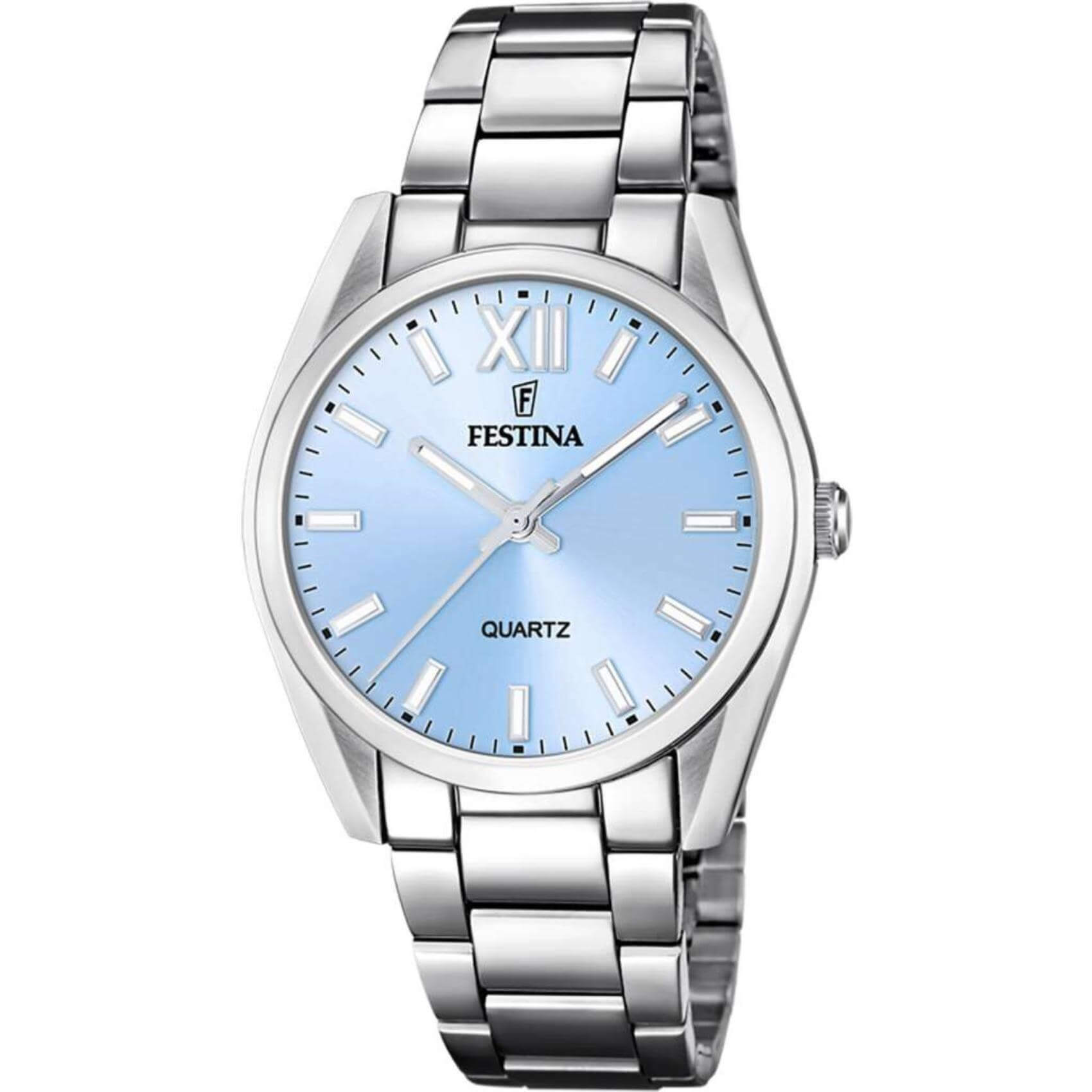 Γυναικείο ρολόι Festina Alegria F20622/3 με ασημί ατσάλινο μπρασελέ, γαλάζιο καντραν, μηχανισμό μπαταρίας στρογγυλό στεφάνι με διάμετρο 37mm, αδιάβροχο στις 5ΑΤΜ-50Μ.