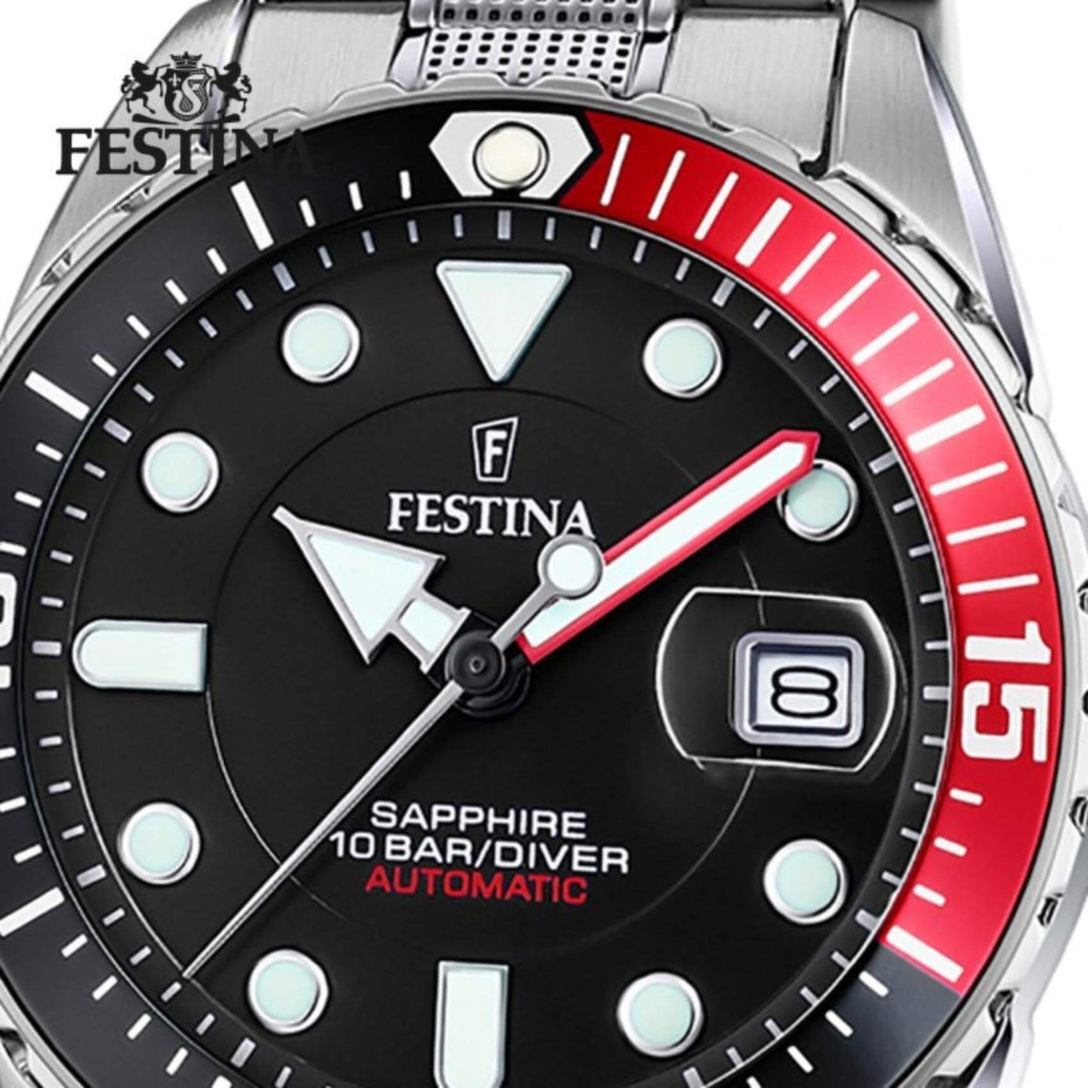 Ρολόι Diver Festina F20480/4 με ασημί ατσάλινο μπρασελέ, μαύρο καντραν, αυτόματο μηχανισμό, ένδειξη ημερομηνίας, στρογγυλό στεφάνι με διάμετρο 42mm αδιάβροχο στις 10ΑΤΜ-100Μ.