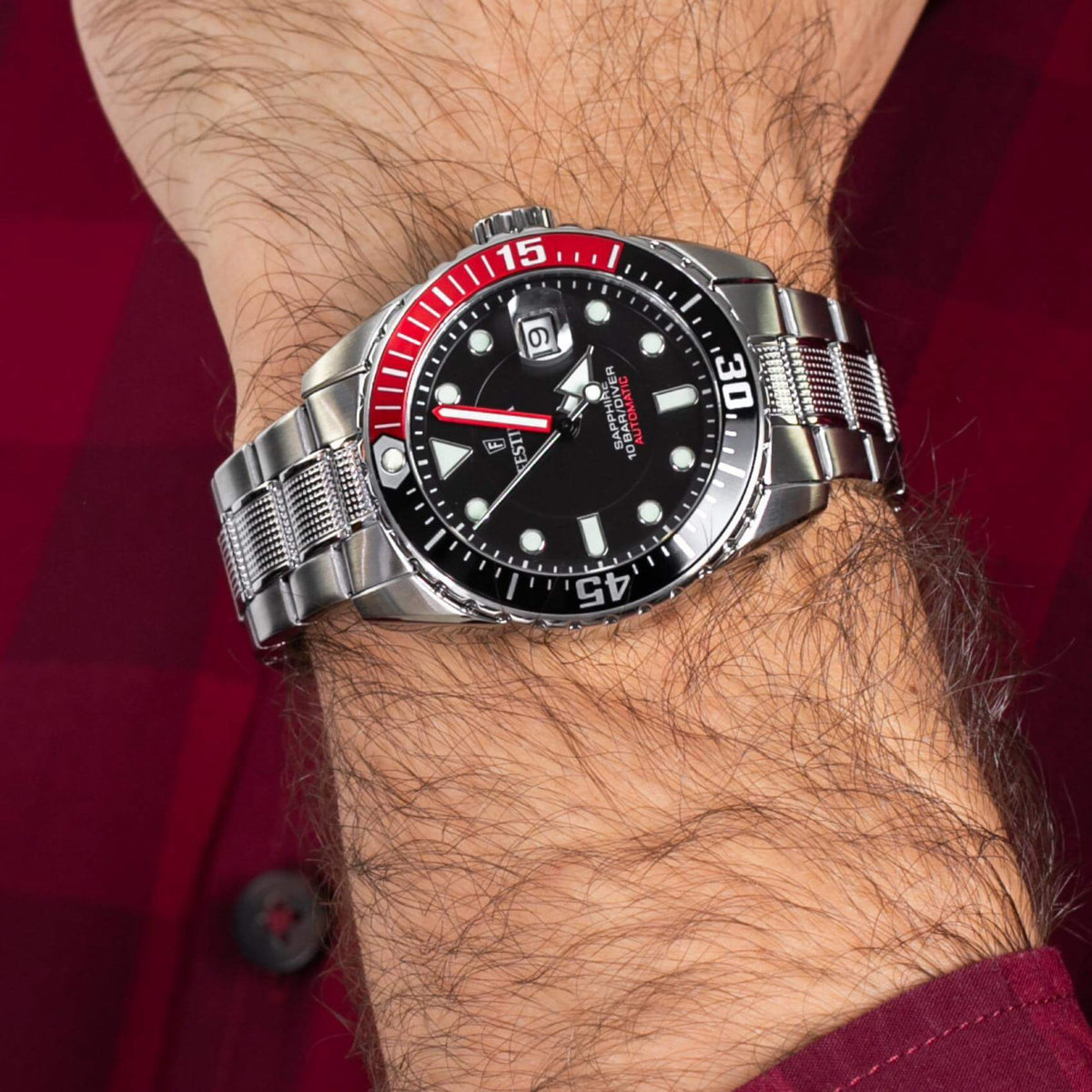 Ρολόι Festina Diver F20480/4 Αυτόματο Με Ασημί Μπρασελέ & Κόκκινο Στεφάνι