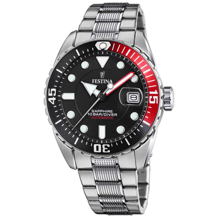 Ρολόι Diver Festina F20480/4 με ασημί ατσάλινο μπρασελέ, μαύρο καντραν, αυτόματο μηχανισμό, ένδειξη ημερομηνίας, στρογγυλό στεφάνι με διάμετρο 42mm αδιάβροχο στις 10ΑΤΜ-100Μ.