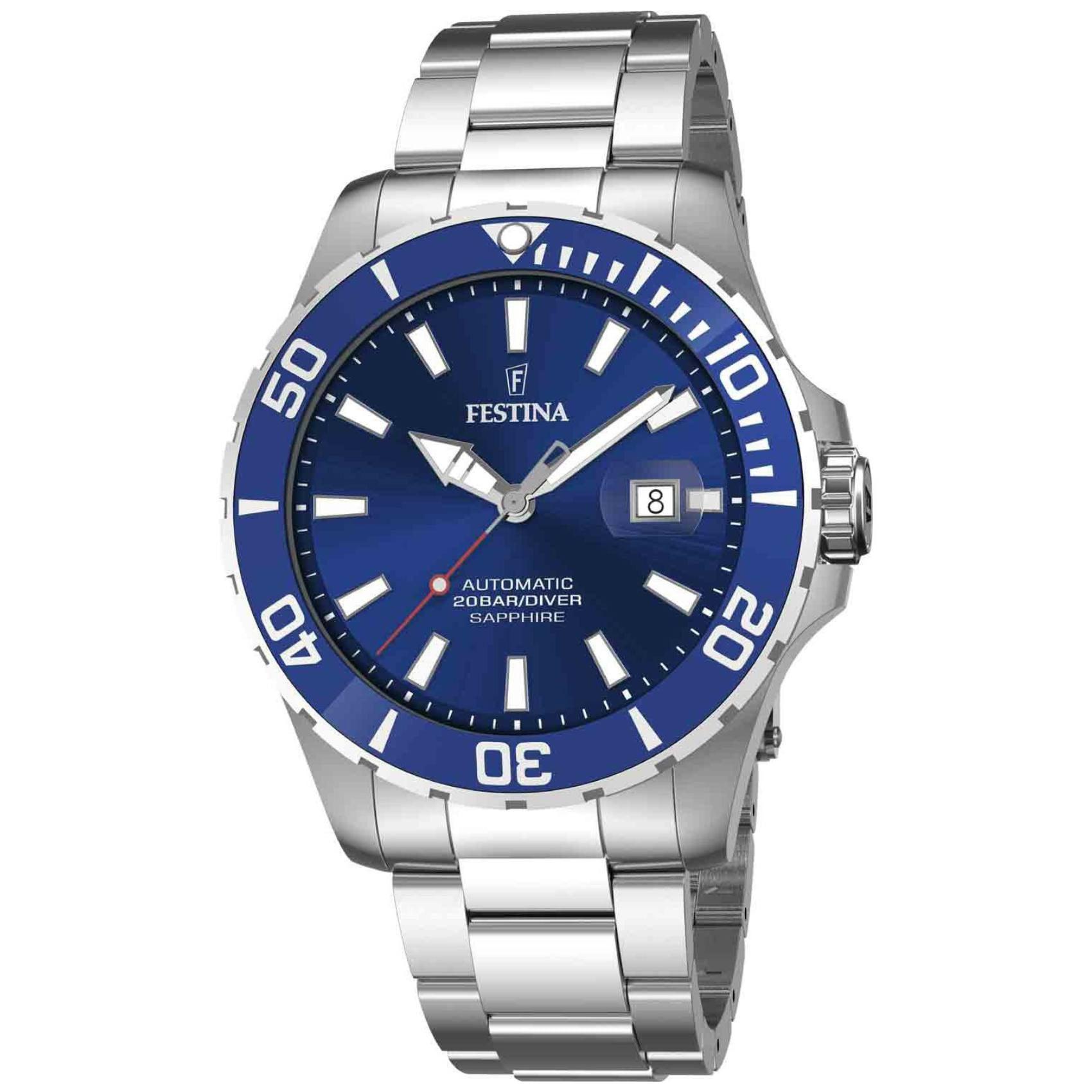 Καταδυτικό ρολόι Festina Diver F20531/3 με ασημί μπρασελέ, μπλε καντράν με ένδειξη ημερομηνίας αυτόματο μηχανισμό και στεφάνι διαμέτρου 44mm.