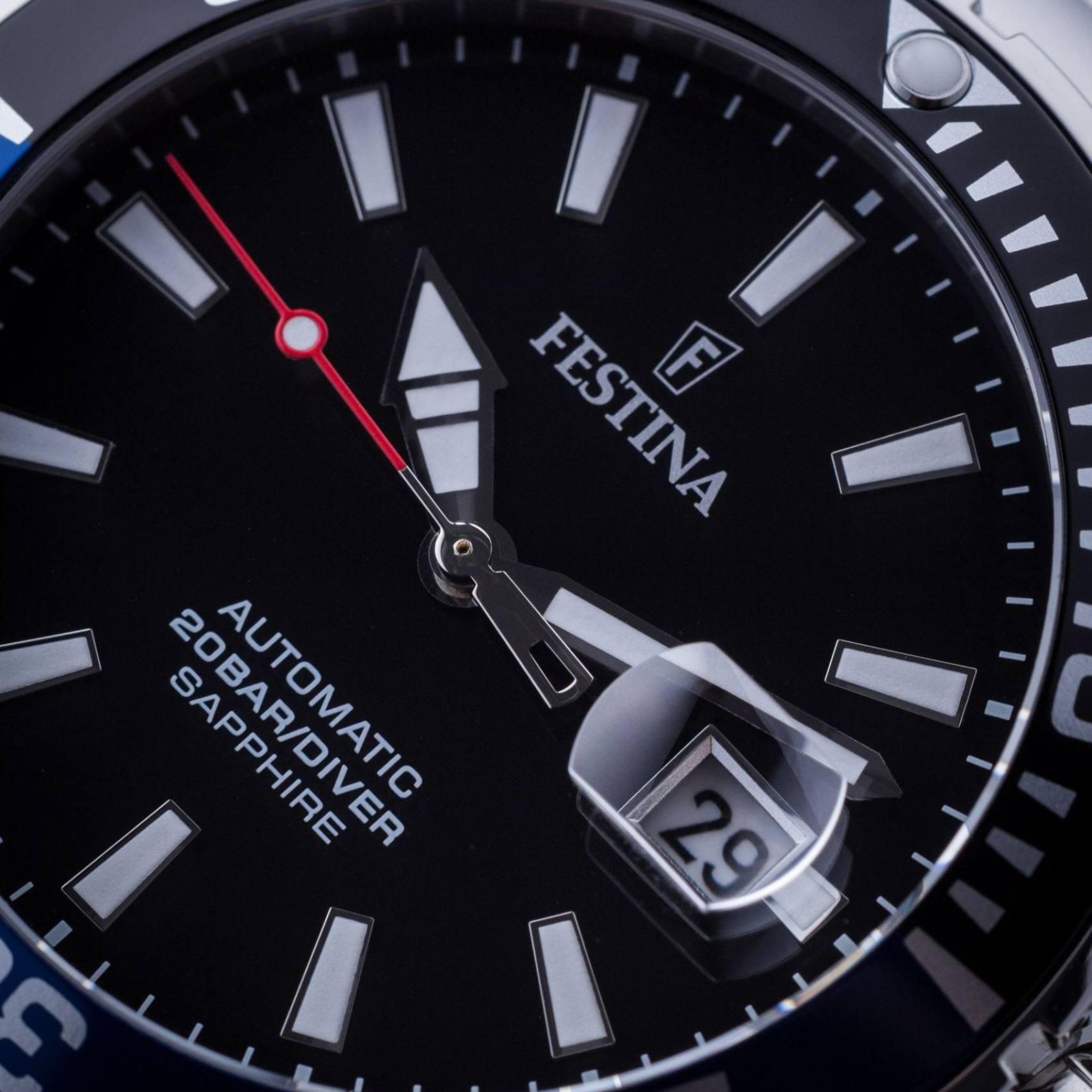 Καταδυτικό ρολόι Festina Diver F20531/6 στα 200M, με ένδειξη ημερομηνίας, ασημί μπρασελέ, μαύρο καντράν, αυτόματο μηχανισμό και στεφάνι διαμέτρου 44mm και τζαμάκι από ζαφείρι.