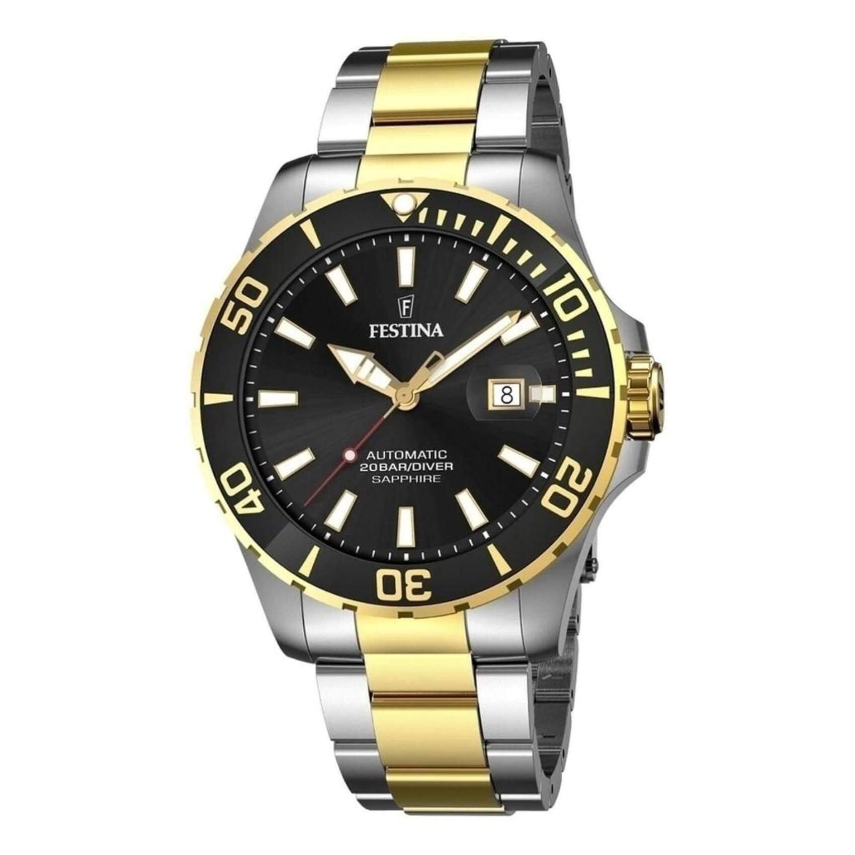 Καταδυτικό ρολόι Festina Diver F20532/2 με δίχρωμο μπρασελέ, μαύρο καντράν με ένδειξη ημερομηνίας αυτόματο μηχανισμό και στεφάνι διαμέτρου 44mm.