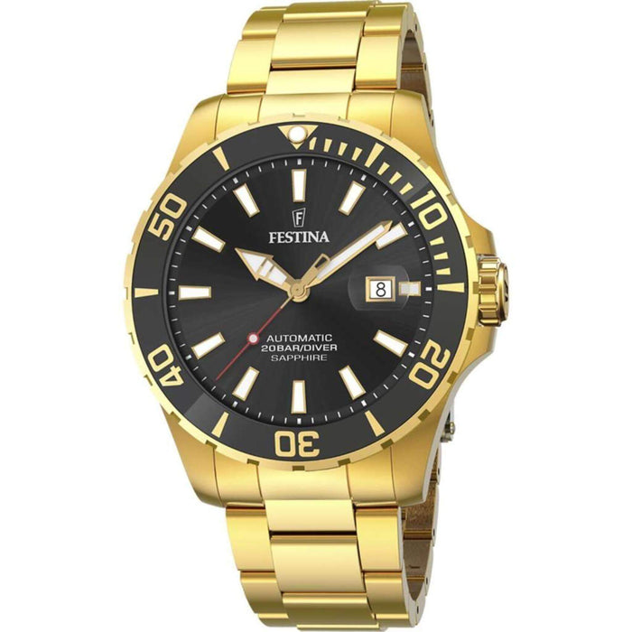 Αντρικό καταδυτικό ρολόι Festina Diver F20533/2 με χρυσό ατσάλινο μπρασελέ, μαύρο καντραν, τζαμάκι από ζαφείρι, αυτόματο μηχανισμό με ένδειξη ημερομηνίας και στρογγυλό στεφάνι με διάμετρο 44mm, αδιάβροχο στις 20ΑΤΜ-200Μ.
