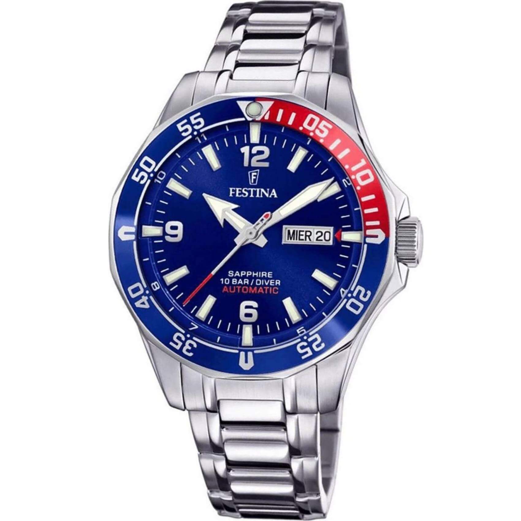 Ρολόι Diver Festina F20478/2 με ασημί ατσάλινο μπρασελέ, μπλε καντραν, αυτόματο μηχανισμό, ένδειξη ημερομηνίας-ημέρας, στρογγυλό στεφάνι με διάμετρο 42mm αδιάβροχο στις 10ΑΤΜ-100Μ.