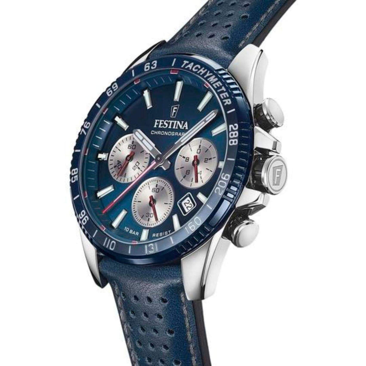Αντρικό ρολόι Festina F20561/2 χρονογράφος με μπλε δερμάτινο λουράκι, μπλε καντραν, μηχανισμό μπαταρίας quartz με ένδειξη ημερομηνίας και στρογγυλό στεφάνι με διάμετρο 45mm, αδιάβροχο στις 10ΑΤΜ-100Μ.
