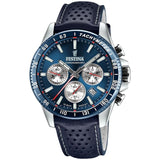 Αντρικό ρολόι Festina F20561/2 χρονογράφος με μπλε δερμάτινο λουράκι, μπλε καντραν, μηχανισμό μπαταρίας quartz με ένδειξη ημερομηνίας και στρογγυλό στεφάνι με διάμετρο 45mm, αδιάβροχο στις 10ΑΤΜ-100Μ.