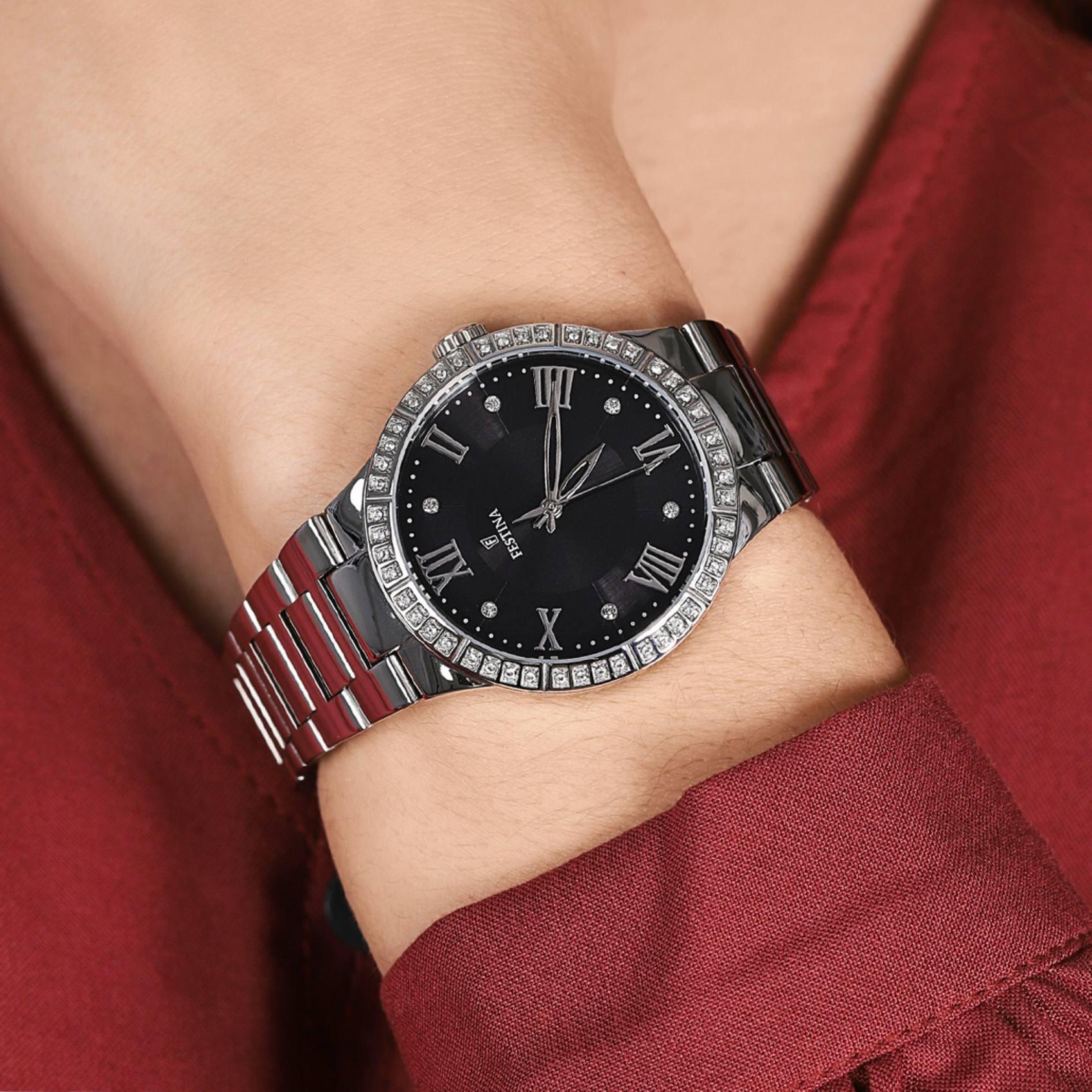 Γυναικείο ρολόι Festina Boyfriend F16719/2 με ασημί ατσάλινο μπρασελέ, μαύρο καντραν, μηχανισμό μπαταρίας, στρογγυλό στεφάνι με διάμετρο 36mm και ζιργκόν, αδιάβροχο στις 5ΑΤΜ-50Μ.