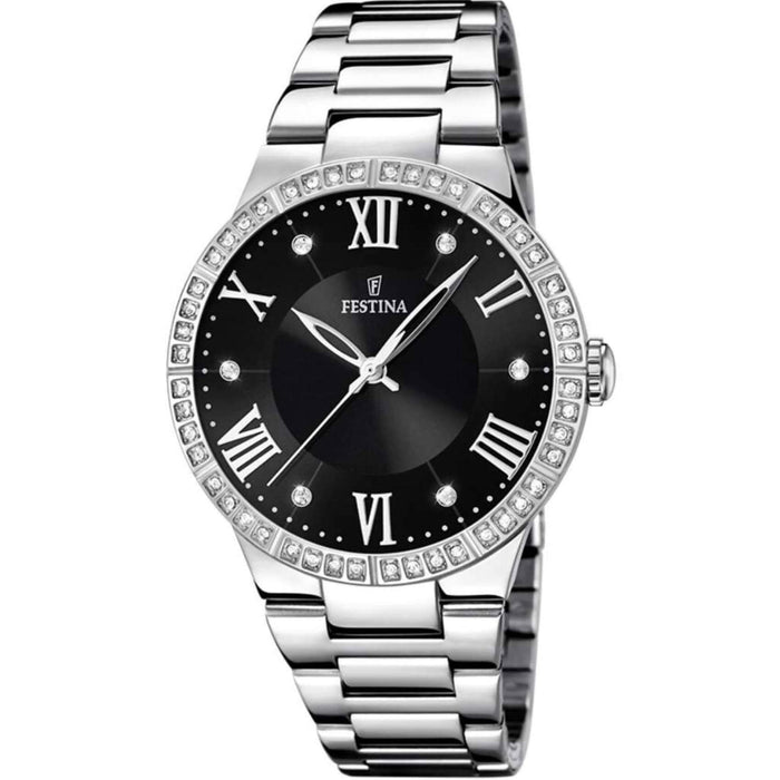 Γυναικείο ρολόι Festina Boyfriend F16719/2 με ασημί ατσάλινο μπρασελέ, μαύρο καντραν, μηχανισμό μπαταρίας, στρογγυλό στεφάνι με διάμετρο 36mm και ζιργκόν, αδιάβροχο στις 5ΑΤΜ-50Μ.