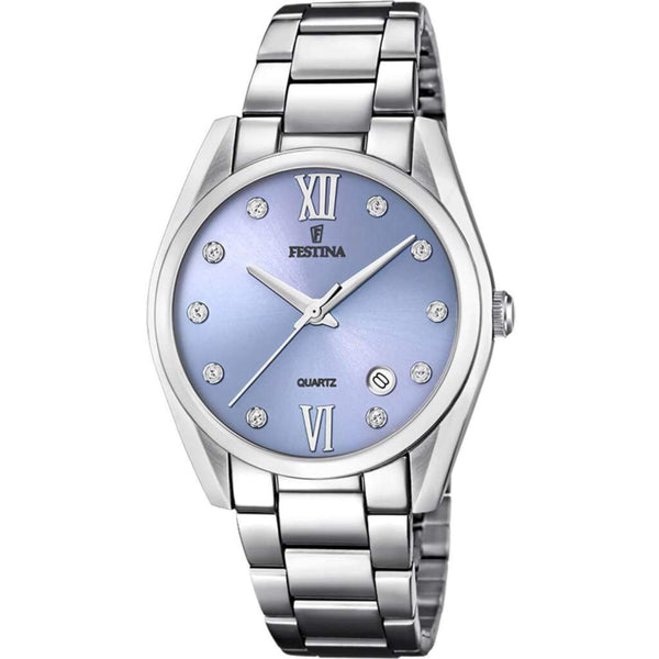 Ρολόι Festina Boyfriend F16790/B με ασημί ατσάλινο μπρασελέ, γαλάζιο καντραν με ζιργκόν, μηχανισμό μπαταρίας με ένδειξη ημερομηνίας, στρογγυλό στεφάνι με διάμετρο 37mm αδιάβροχο στις 5ΑΤΜ-50Μ.