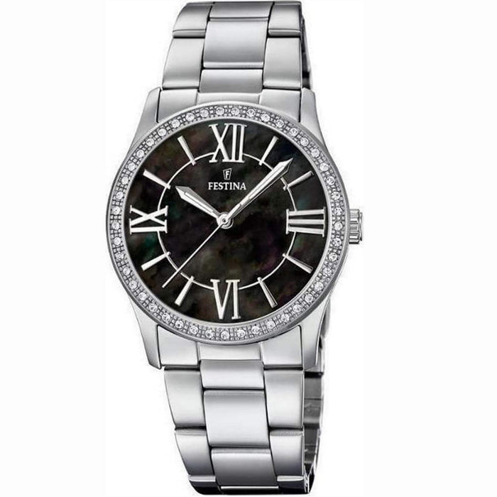 Γυναικείο ρολόι Festina Boyfriend F20232/2  με ασημί ατσάλινο μπρασελέ, μαύρο καντραν, τζαμάκι από ορυκτό κρύσταλλο, μηχανισμό μπαταρίας quartz και στρογγυλό στεφάνι με διάμετρο 36mm με ζιργκόν, αδιάβροχο στις 5ΑΤΜ-50Μ.