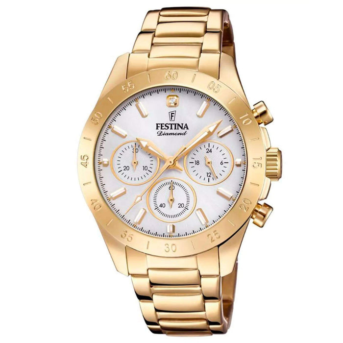 Γυναικείο ρολόι Festina Boyfriend F20400/1 χρονογράφος με χρυσό ατσάλινο μπρασελέ, άσπρο καντραν με διαμάντι, μηχανισμό μπαταρίας με ένδειξη ημερομηνίας, στρογγυλό στεφάνι με διάμετρο 38mm αδιάβροχο στις 5ΑΤΜ-50Μ.