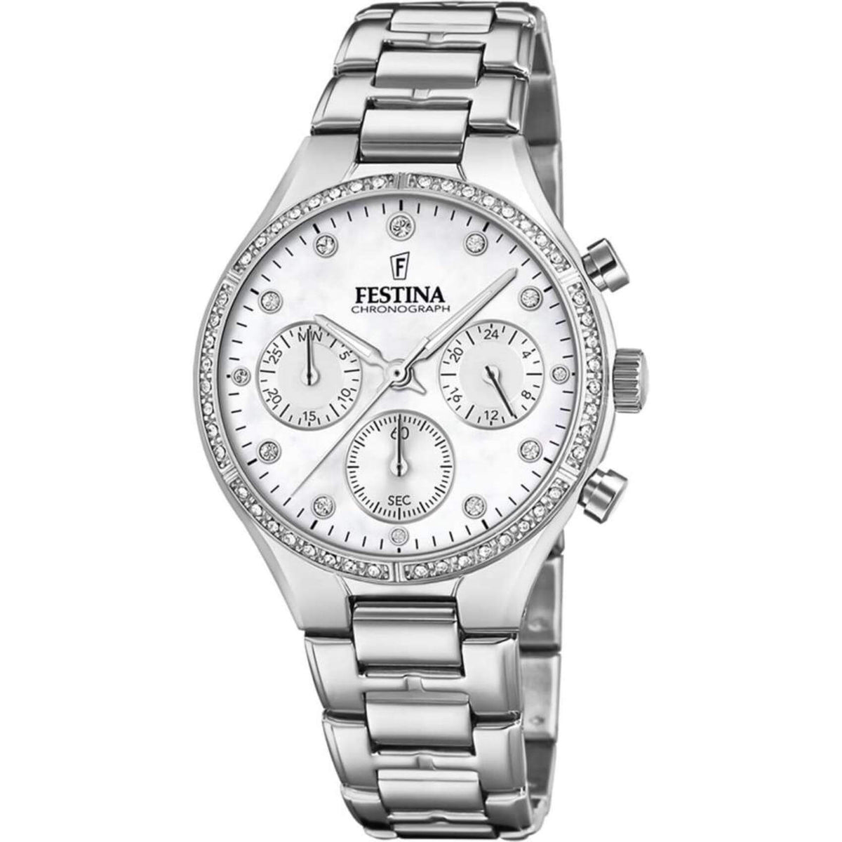 Αδιάβροχο ρολόι Festina Boyfriend F20401/1 με ασημί ατσάλινο μπρασελέ, λευκό καντράν με χρονογράφους και ένδειξη ημέρας/ημερομηνίας και στεφάνι διαμέτρου 36mm με ζιργκόν.