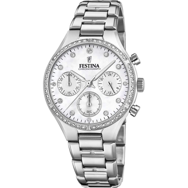 Αδιάβροχο ρολόι Festina Boyfriend F20401/1 με ασημί ατσάλινο μπρασελέ, λευκό καντράν με χρονογράφους και ένδειξη ημέρας/ημερομηνίας και στεφάνι διαμέτρου 36mm με ζιργκόν.