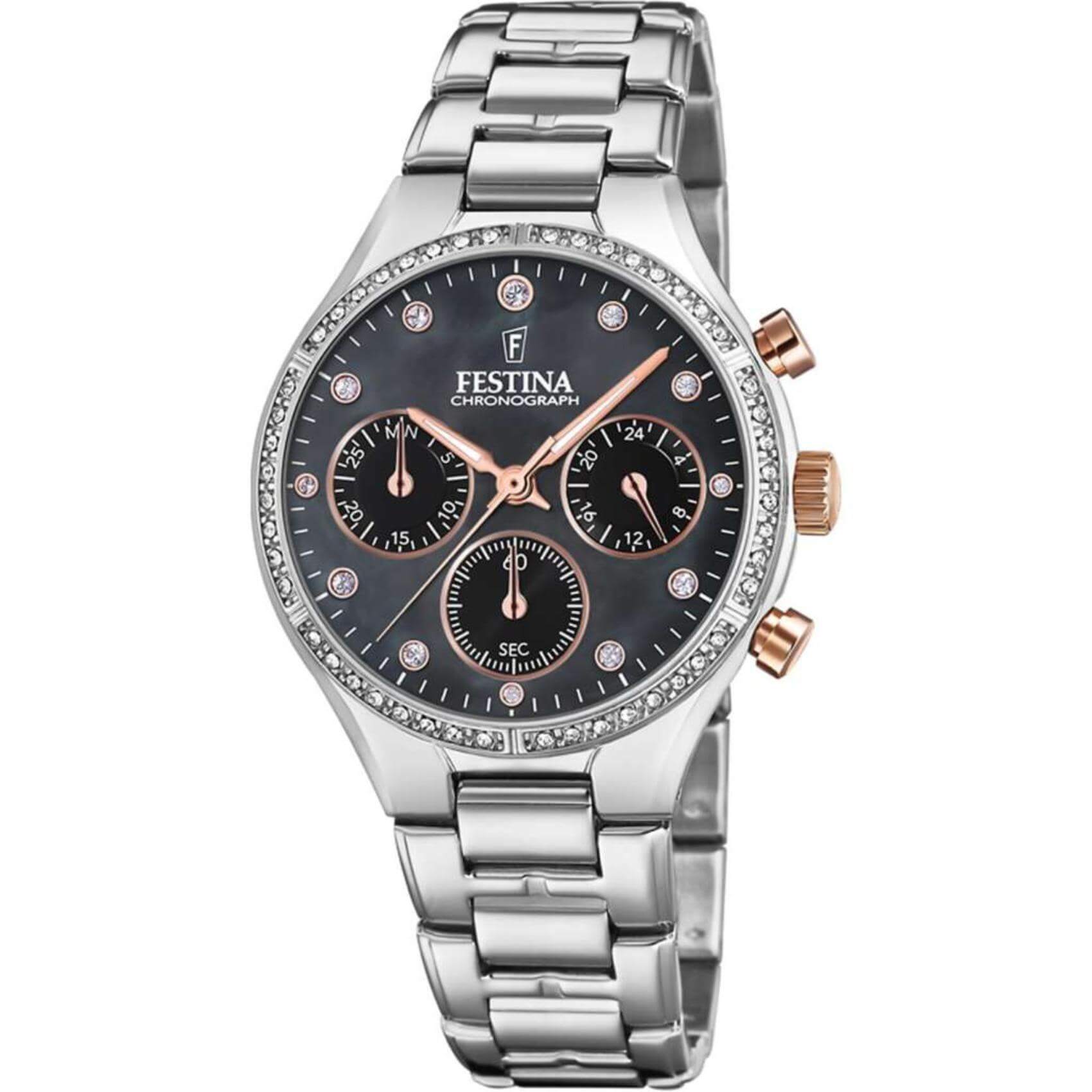 Αδιάβροχο ρολόι Festina Boyfriend F20401/4 με ασημί ατσάλινο μπρασελέ, μαύρο καντράν με χρονογράφους και ένδειξη ημέρας/ημερομηνίας και στεφάνι διαμέτρου 36mm με ζιργκόν.