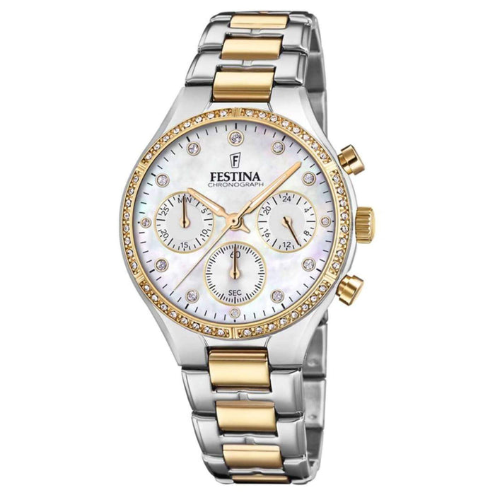 Αδιάβροχο ρολόι Festina Boyfriend F20402/1 με δίχρωμο μπρασελέ, λευκό καντράν με χρονογράφους και  ένδειξη ημέρας/ημερομηνίας και στεφάνι διαμέτρου 36mm.