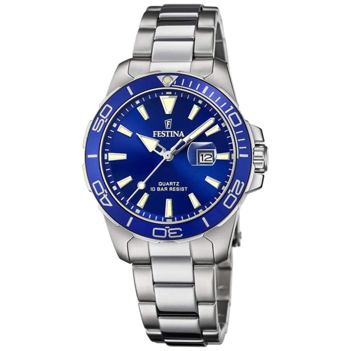 Γυναικείο ρολόι Festina Boyfriend F20503/3 με ασημί ατσάλινο μπρασελέ, μπλε καντραν, τζαμάκι από ορυκτό κρύσταλλο, μηχανισμό μπαταρίας quartz με ένδειξη ημερομηνίας και στρογγυλό στεφάνι με διάμετρο 34,5mm, αδιάβροχο στις 10ΑΤΜ-100Μ.