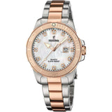 Αδιάβροχο ρολόι Festina Boyfriend F20505/1 με δίχρωμο ασημί-ροζ χρυσό  μπρασελέ, λευκό καντράν με ζιργκόν και ένδειξη ημερομηνίας και στεφάνι διαμέτρου 34.5mm.
