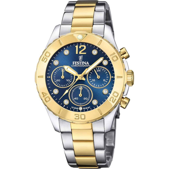 Γυναικείο ρολόι Festina Boyfriend F20604/3 χρονογράφος με δίχρωμο ασημί-χρυσό ατσάλινο μπρασελέ, μπλε καντραν με διαμάντια, μηχανισμό μπαταρίας με ένδειξη ημερομηνίας, στρογγυλό στεφάνι με διάμετρο 39mm αδιάβροχο στις 10ΑΤΜ-100Μ.