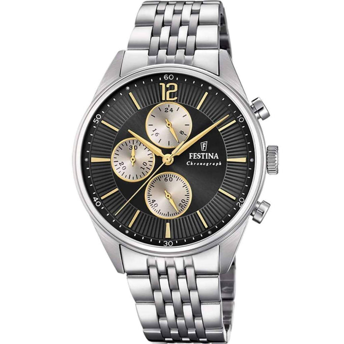 Ρολόι Festina F20285/A χρονογράφος με ασημί ατσάλινο μπρασελέ, μαύρο καντραν, μηχανισμό μπαταρίας, στρογγυλό στεφάνι με διάμετρο 41.5mm και ένδειξη ημερομηνίας αδιάβροχο στις 5ΑΤΜ-50Μ.