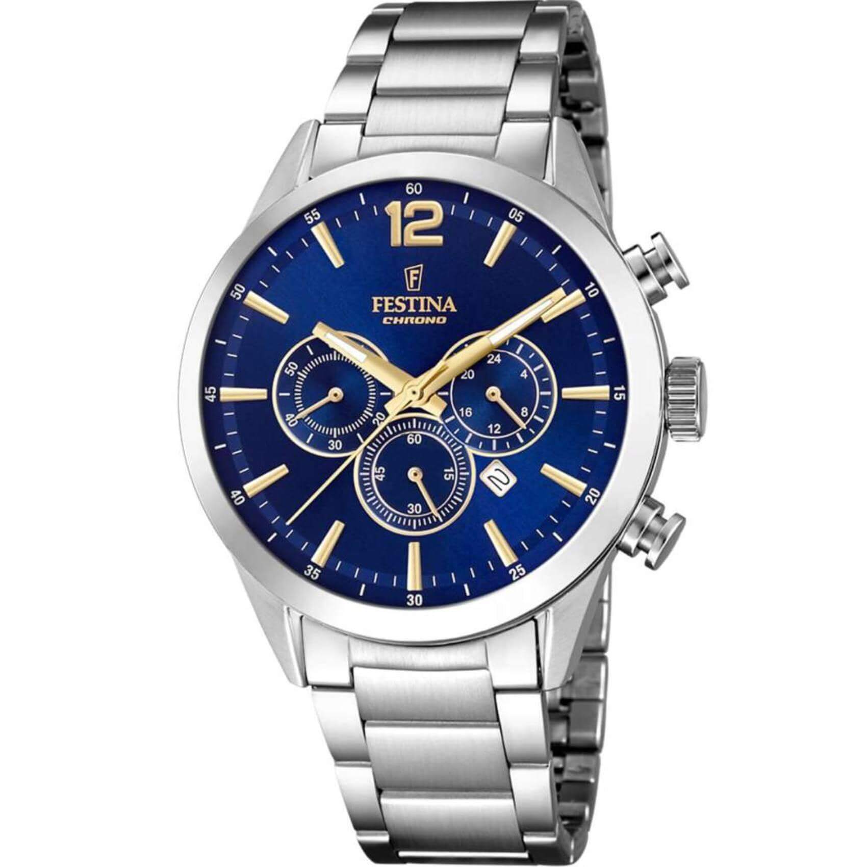 Ρολόι Festina F20343/2 χρονογράφος με ασημί ατσάλινο μπρασελέ, μπλε καντραν, μηχανισμό μπαταρίας, στρογγυλό στεφάνι με διάμετρο 41.5mm και ένδειξη ημερομηνίας αδιάβροχο στις 5ΑΤΜ-50Μ.