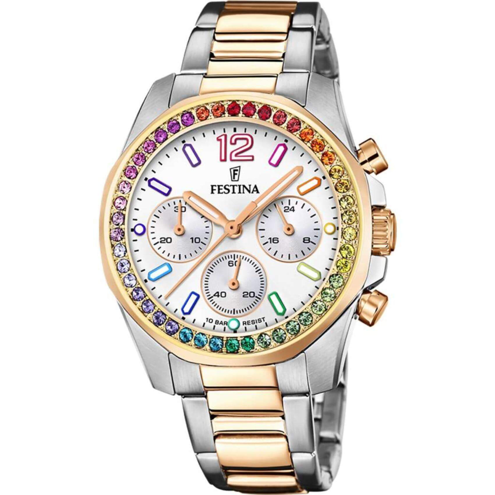 Ρολόι Festina Boyfriend F20608/2 με δίχρωμο ατσάλινο μπρασελέ, άσπρο καντραν, μηχανισμό μπαταρίας και στρογγυλό στεφάνι με διάμετρο 38,1mm με πολύχρωμα ζιργκόν, αδιάβροχο στις 10ΑΤΜ-100Μ.