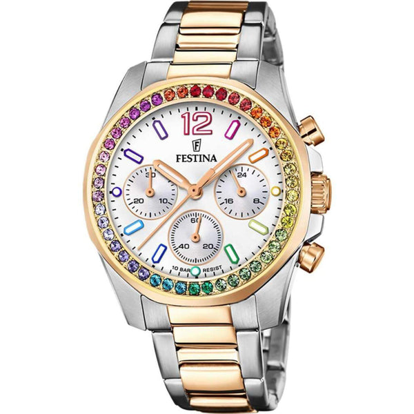 Ρολόι Festina Boyfriend F20608/2 με δίχρωμο ατσάλινο μπρασελέ, άσπρο καντραν, μηχανισμό μπαταρίας και στρογγυλό στεφάνι με διάμετρο 38,1mm με πολύχρωμα ζιργκόν, αδιάβροχο στις 10ΑΤΜ-100Μ.