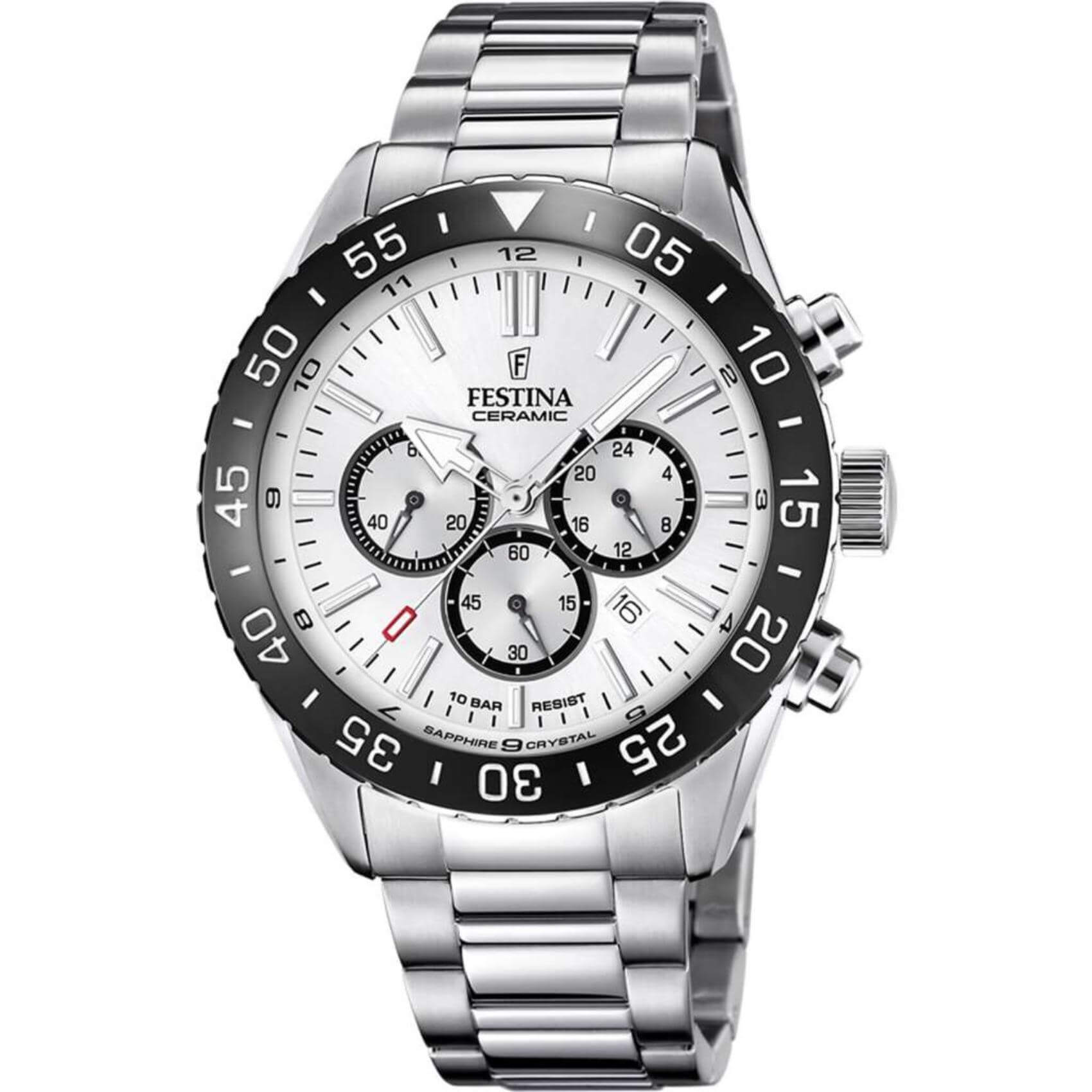 Αντρικό ρολόι Festina Ceramic F20575/1 με ασημί ατσάλινο μπρασελέ, μαύρο καντραν, μηχανισμό μπαταρίας με ένδειξη ημερομηνίας και λειτουργία χρονογράφου, στρογγυλό στεφάνι με διάμετρο 44mm, αδιάβροχο στις 10ΑΤΜ-100Μ.