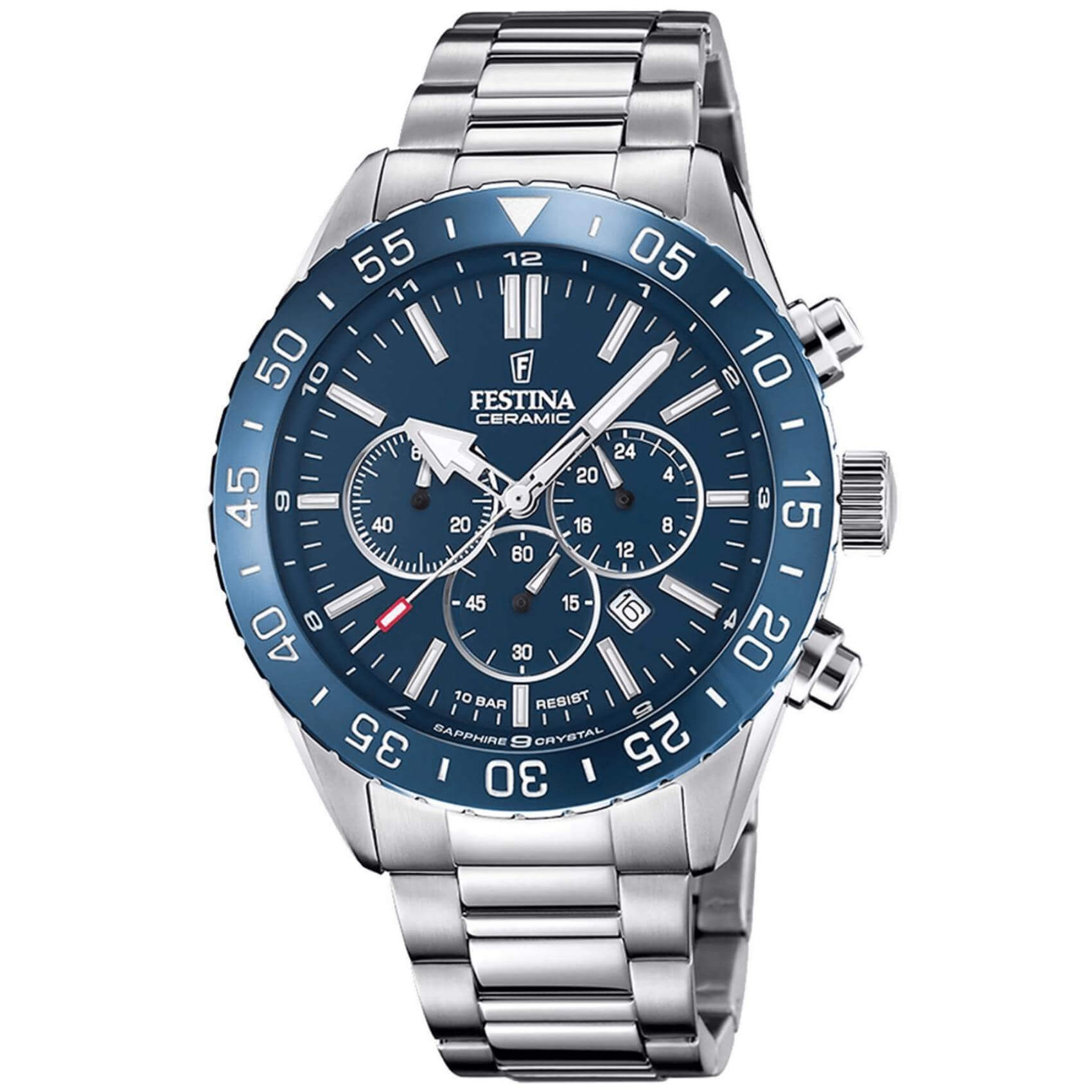 Αντρικό ρολόι Festina Ceramic F20575/2 με ασημί ατσάλινο μπρασελέ, μπλε καντραν, μηχανισμό μπαταρίας με ένδειξη ημερομηνίας και λειτουργία χρονογράφου, στρογγυλό στεφάνι με διάμετρο 44mm, αδιάβροχο στις 10ΑΤΜ-100Μ.