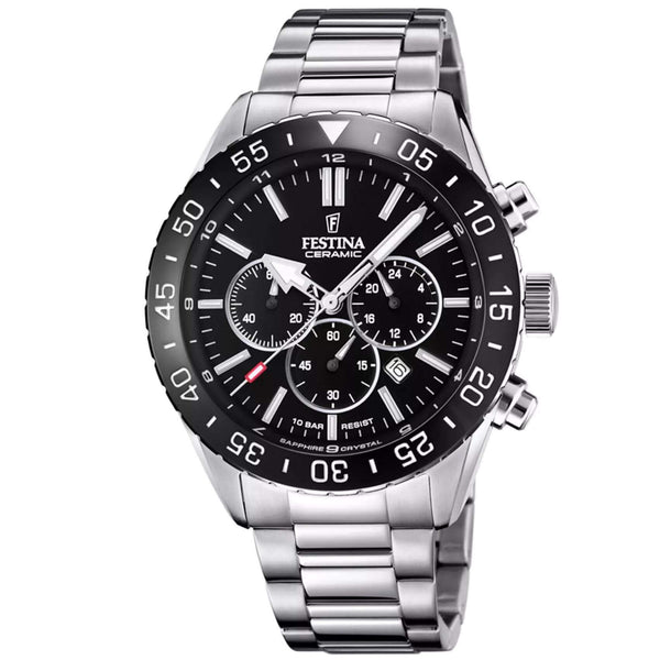 Ρολόι χρονογράφος Festina Ceramic F20575/3 με ασημί ατσάλινο μπρασελέ και μαύρο καντράν διαμέτρου 44mm.