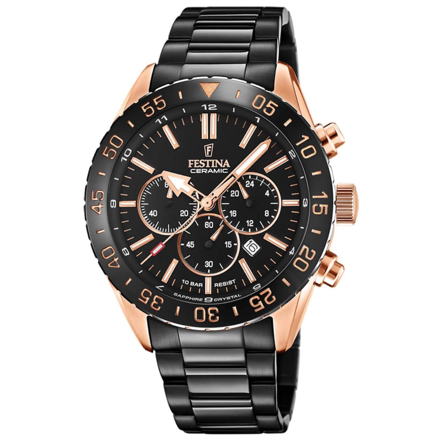Αντρικό ρολόι Festina Ceramic F20578/1 με μαύρο ατσάλινο μπρασελέ, μαύρο καντραν, μηχανισμό μπαταρίας με ένδειξη ημερομηνίας και λειτουργία χρονογράφου, στρογγυλό στεφάνι με διάμετρο 44mm, αδιάβροχο στις 10ΑΤΜ-100Μ.