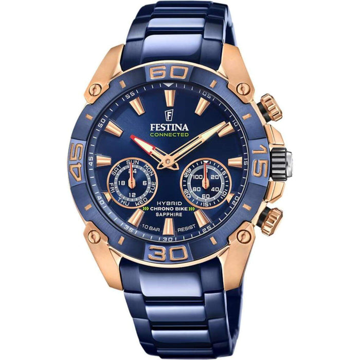 Αντρικό ρολόι Festina Smartwatch Chrono Bike Connected F20549/1 με μπλε σκούρο ατσάλινο μπρασελέ, μπλε σκούρο καντραν, μηχανισμό μπαταρίας με λειτουργίες smartwatch, στρογγυλό στεφάνι με διάμετρο 45,5mm, αδιάβροχο στις 10ΑΤΜ-100Μ.