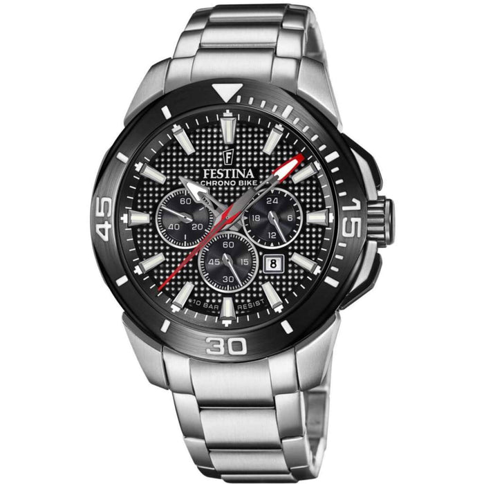 Αντρικό ρολόι Festina Chrono Bike F20641/4 με ασημί ατσάλινο μπρασελέ, μαύρο καντραν, μηχανισμό μπαταρίας με λειτουργία χρονογράφου και ένδειξη ημερομηνίας, στρογγυλό στεφάνι με διάμετρο 47mm, αδιάβροχο στις 10ΑΤΜ-100Μ.